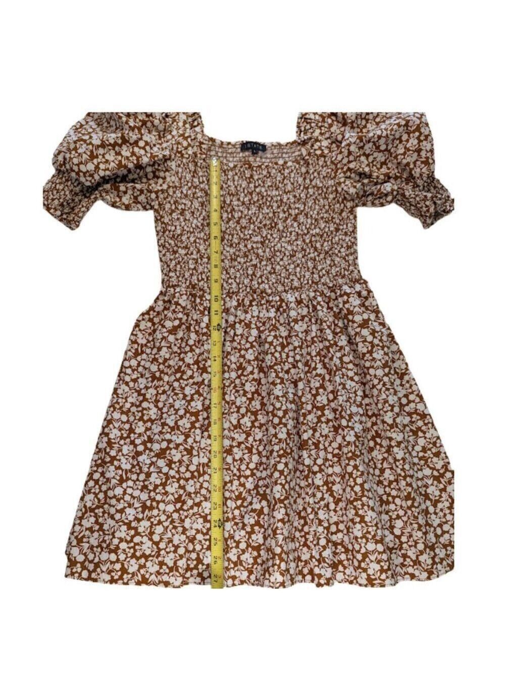1.State Smocked Puff Sleeve Mini Dress in Brown and White Floral * Size 6 - Picture 4 of 10
